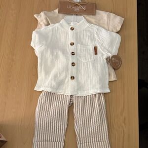 Lil & Jack Kids Beige and White Matching Set - Button Front Top & Striped Pants